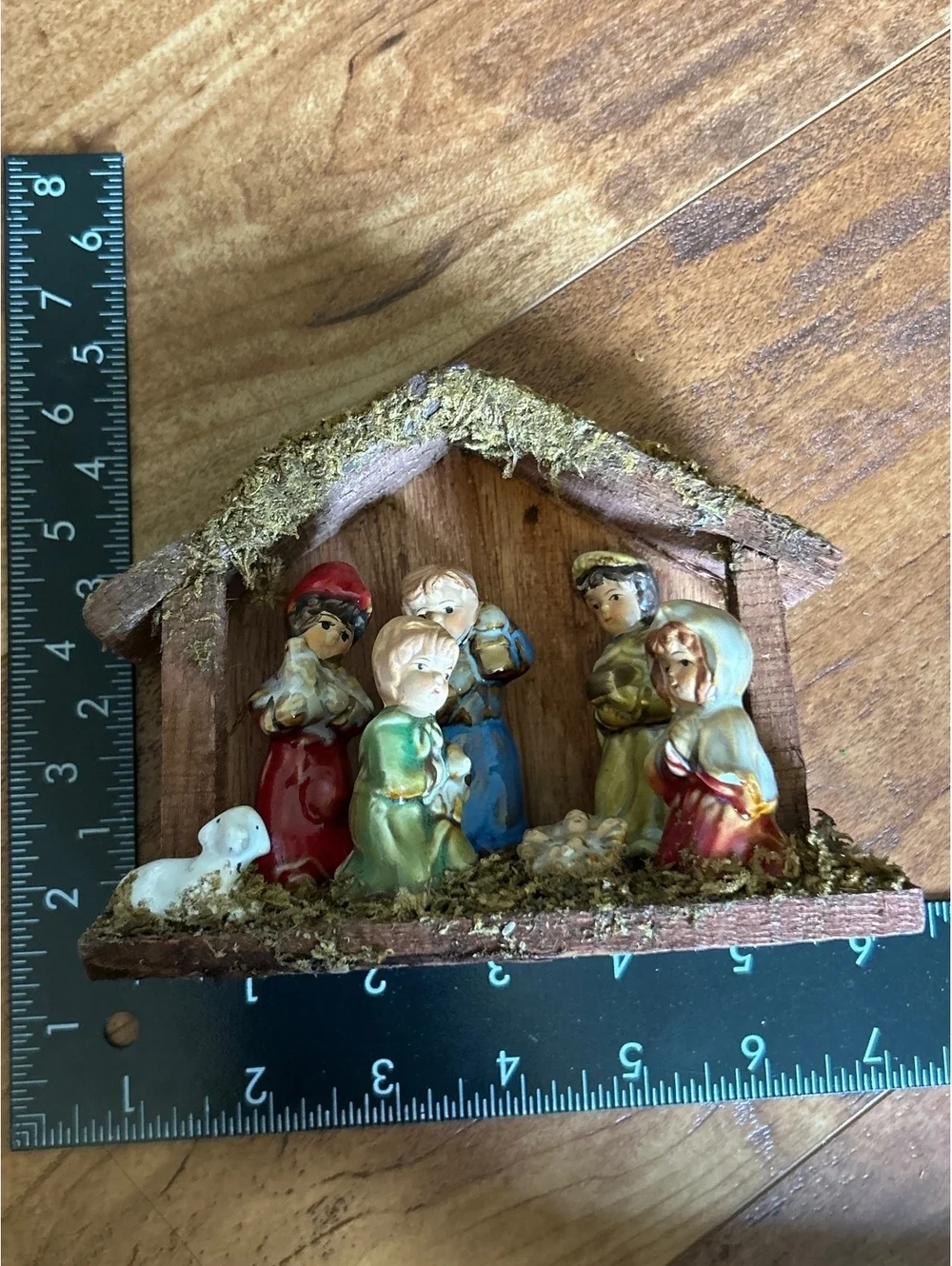 Vintage Miniature Nativity Scene Figurine Set with Wooden Stable